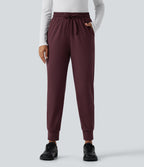 High Waisted Drawstring Casual Joggers with Pockets — Windsor Wine — view 3