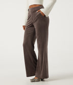 High Waisted Tummy Control Asymmetric Flare Corduroy Casual Trousers with Pockets — Forest Loam — view 3