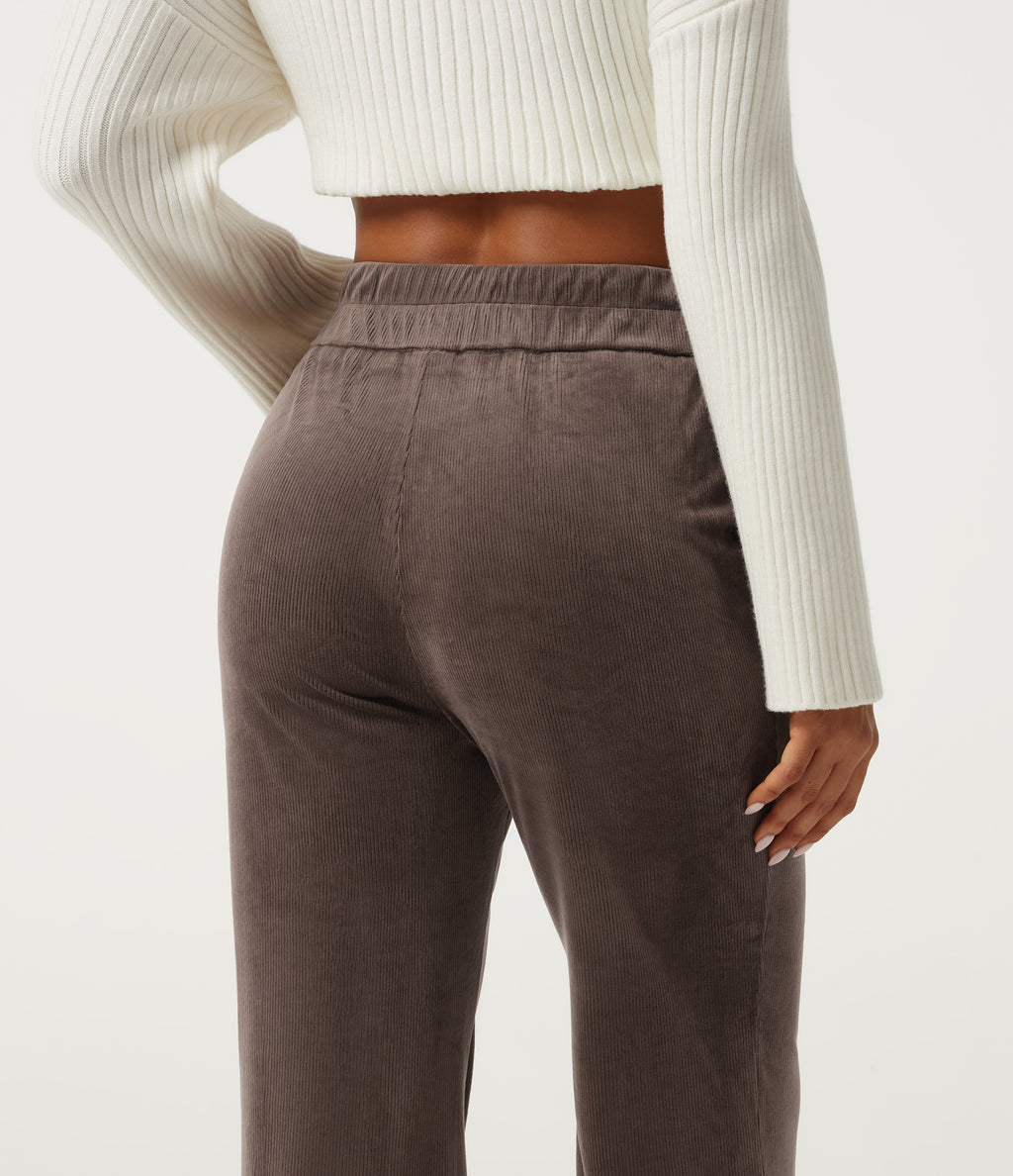 High Waisted Tummy Control Asymmetric Flare Corduroy Casual Trousers with Pockets — Forest Loam — view 5