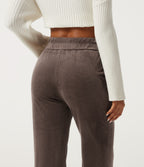 High Waisted Tummy Control Asymmetric Flare Corduroy Casual Trousers with Pockets — Forest Loam — view 5