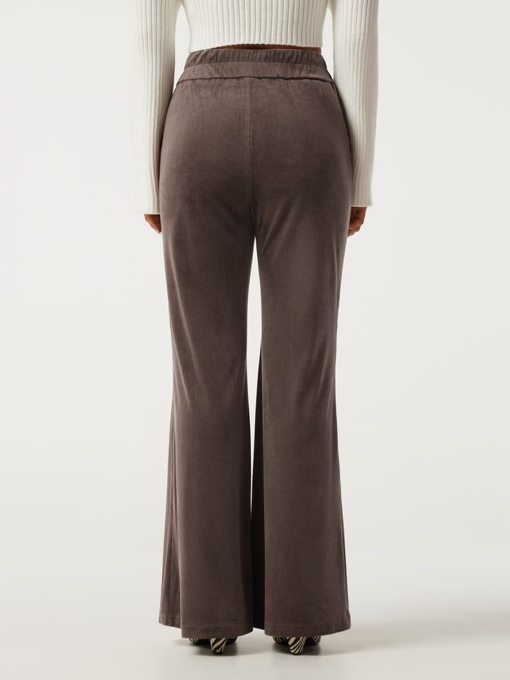 High Waisted Tummy Control Asymmetric Flare Corduroy Casual Trousers with Pockets — Forest Loam — view 2