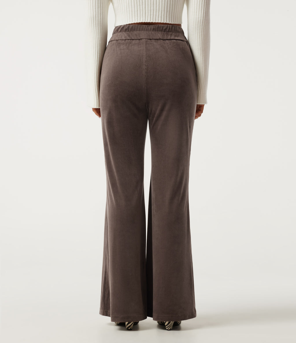 High Waisted Tummy Control Asymmetric Flare Corduroy Casual Trousers with Pockets — Forest Loam — view 2