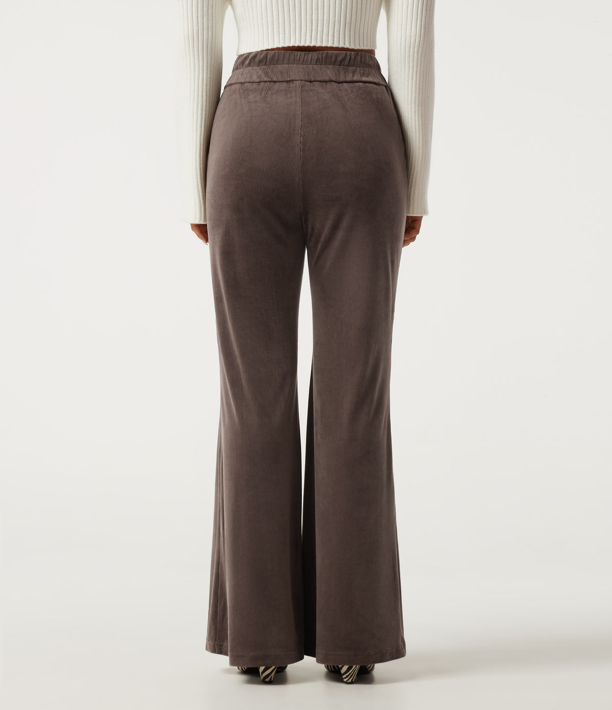 High Waisted Tummy Control Asymmetric Flare Corduroy Casual Trousers with Pockets — Forest Loam — view 2