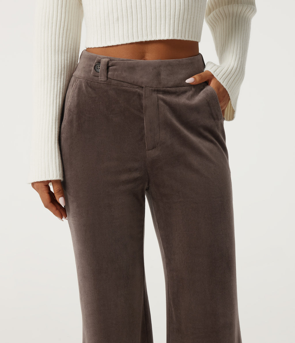 High Waisted Tummy Control Asymmetric Flare Corduroy Casual Trousers with Pockets — Forest Loam — view 6
