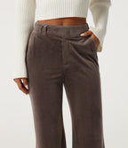 High Waisted Tummy Control Asymmetric Flare Corduroy Casual Trousers with Pockets — Forest Loam — view 6