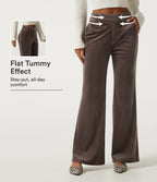 High Waisted Tummy Control Asymmetric Flare Corduroy Casual Trousers with Pockets — Forest Loam — view 1