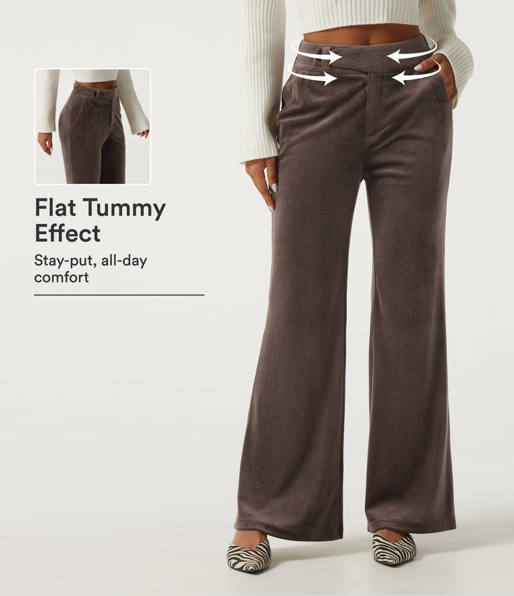 High Waisted Tummy Control Asymmetric Flare Corduroy Casual Trousers with Pockets — Forest Loam — view 1