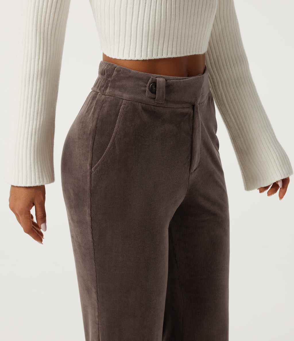 High Waisted Tummy Control Asymmetric Flare Corduroy Casual Trousers with Pockets — Forest Loam — view 4