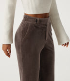 High Waisted Tummy Control Asymmetric Flare Corduroy Casual Trousers with Pockets — Forest Loam — view 4