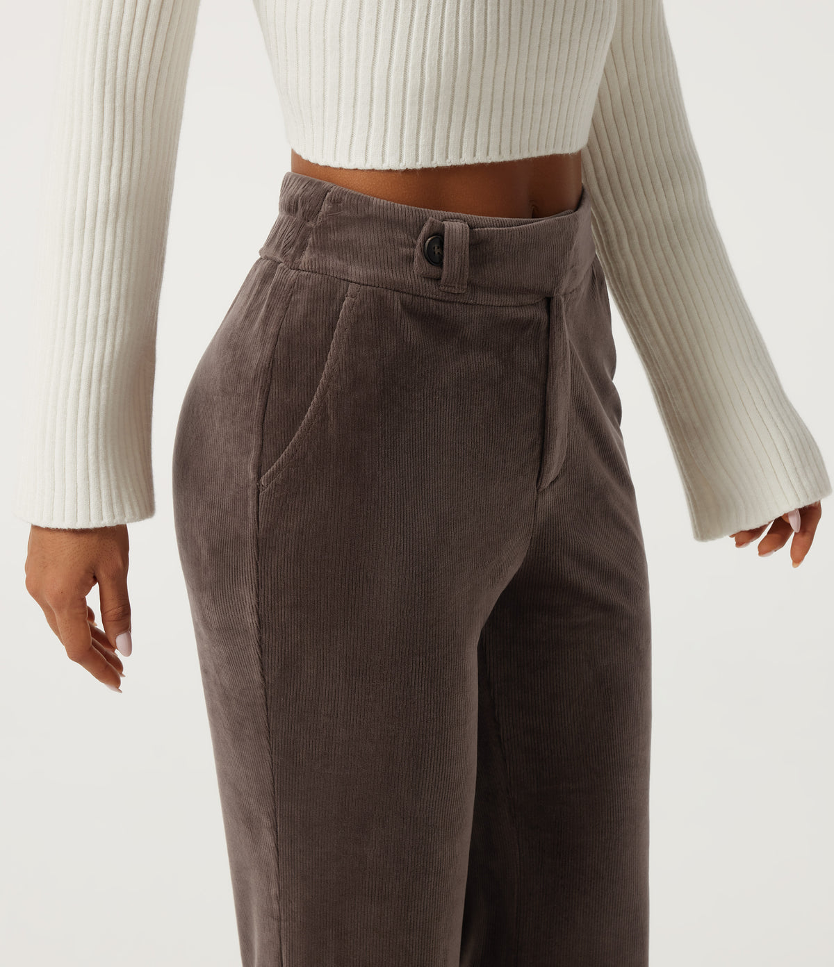 High Waisted Tummy Control Asymmetric Flare Corduroy Casual Trousers with Pockets — Forest Loam — view 4