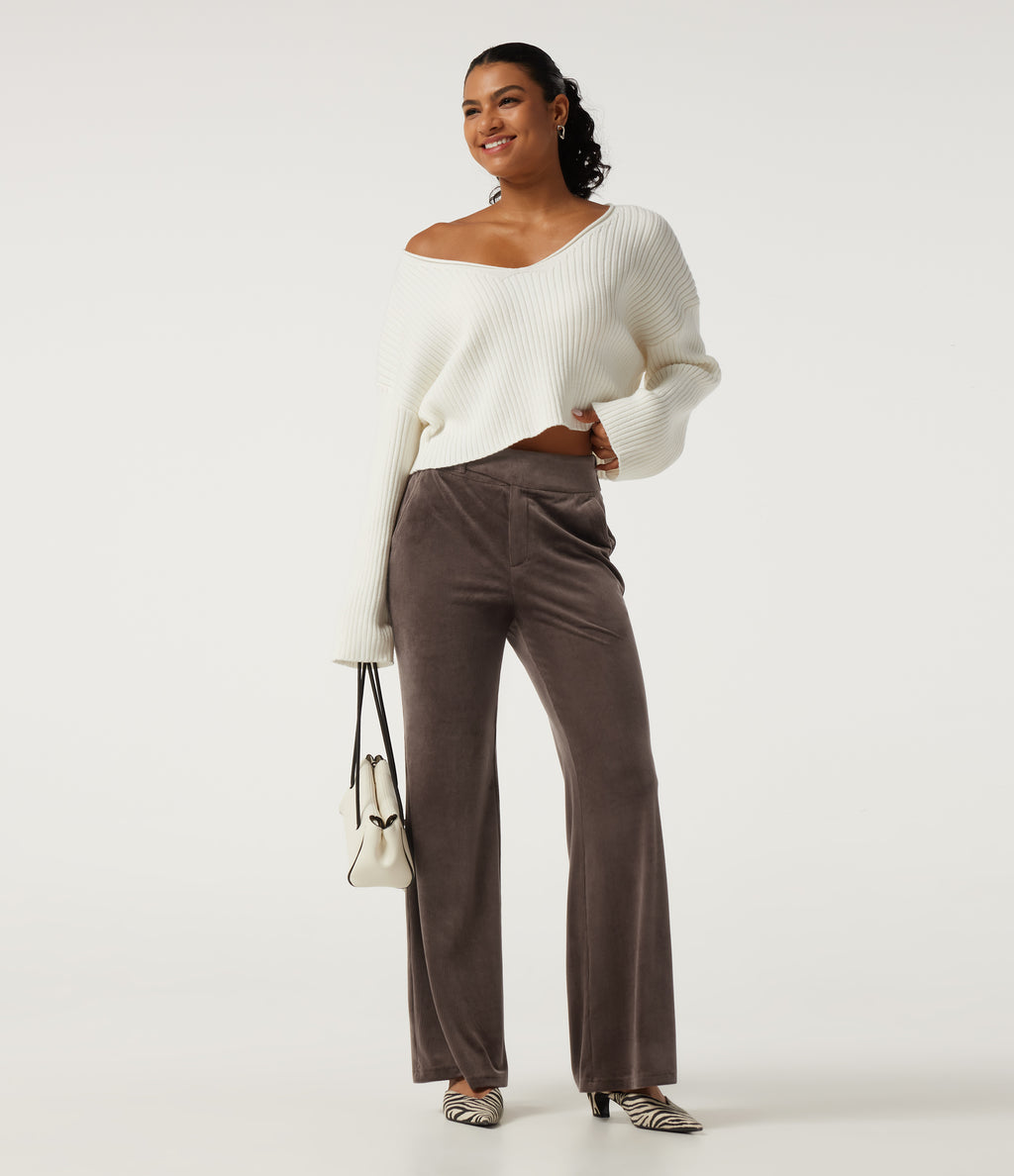 High Waisted Tummy Control Asymmetric Flare Corduroy Casual Trousers with Pockets — Forest Loam — view 7