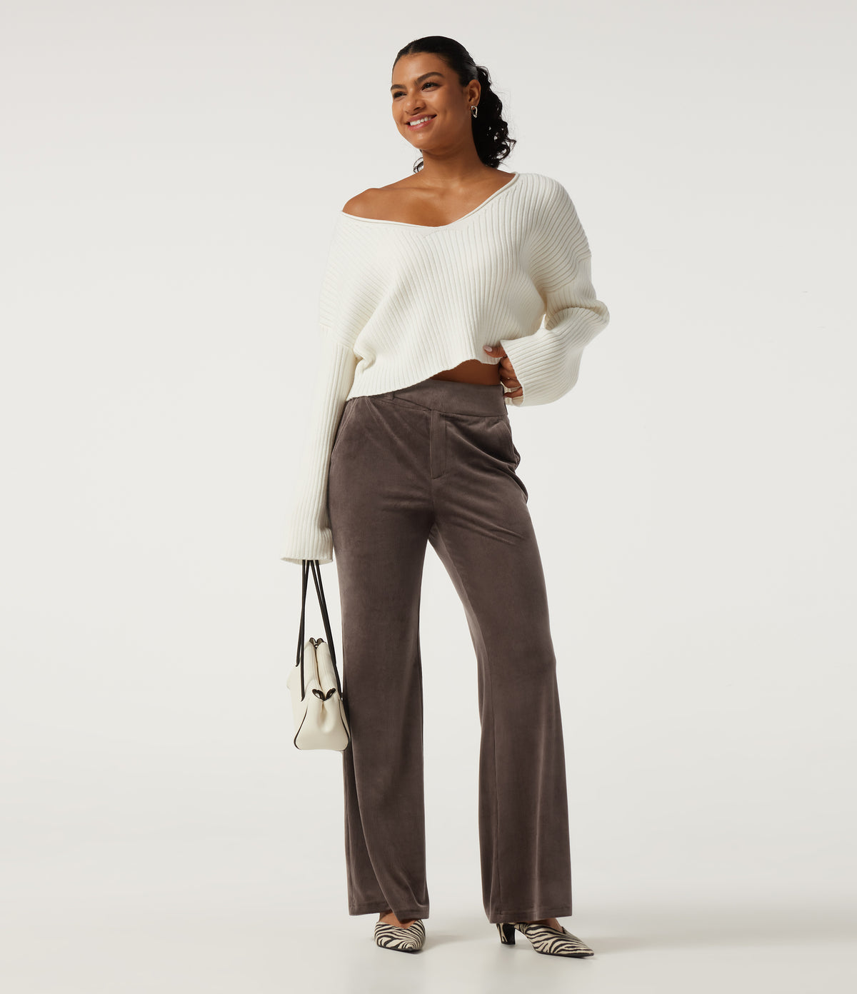 High Waisted Tummy Control Asymmetric Flare Corduroy Casual Trousers with Pockets — Forest Loam — view 7