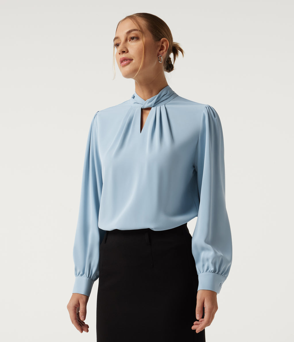 Mock Neck Tie Back Long Sleeve Work Blouse — Plein Air — view 3