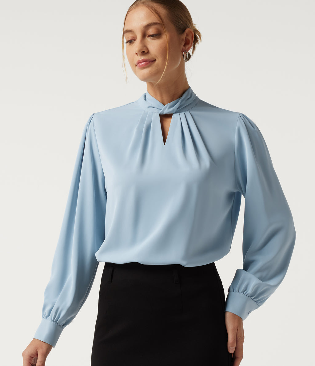 Mock Neck Tie Back Long Sleeve Work Blouse — Plein Air — view 1