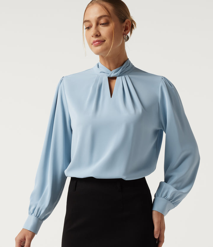 Mock Neck Tie Back Long Sleeve Work Blouse — Plein Air — view 1
