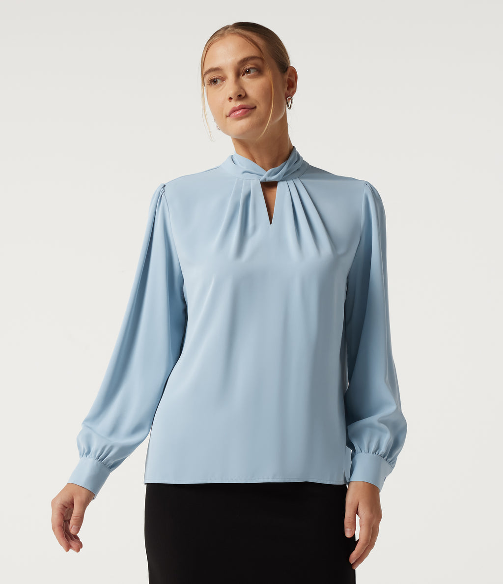 Mock Neck Tie Back Long Sleeve Work Blouse — Plein Air — view 4