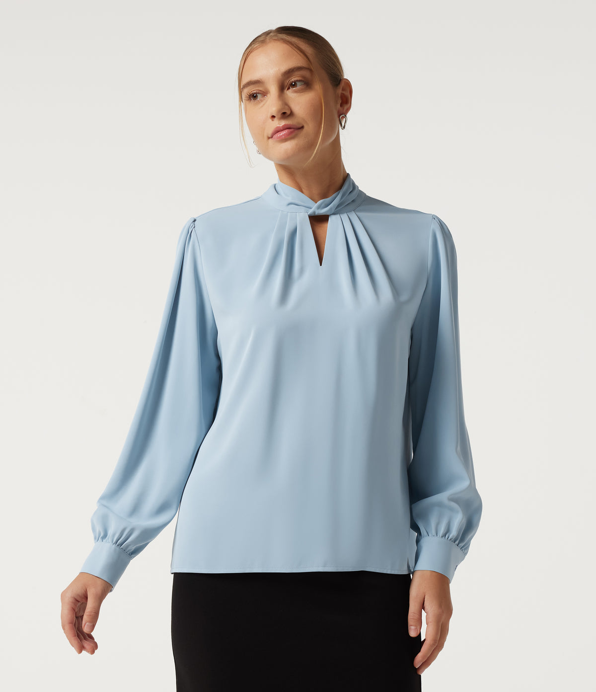 Mock Neck Tie Back Long Sleeve Work Blouse — Plein Air — view 4