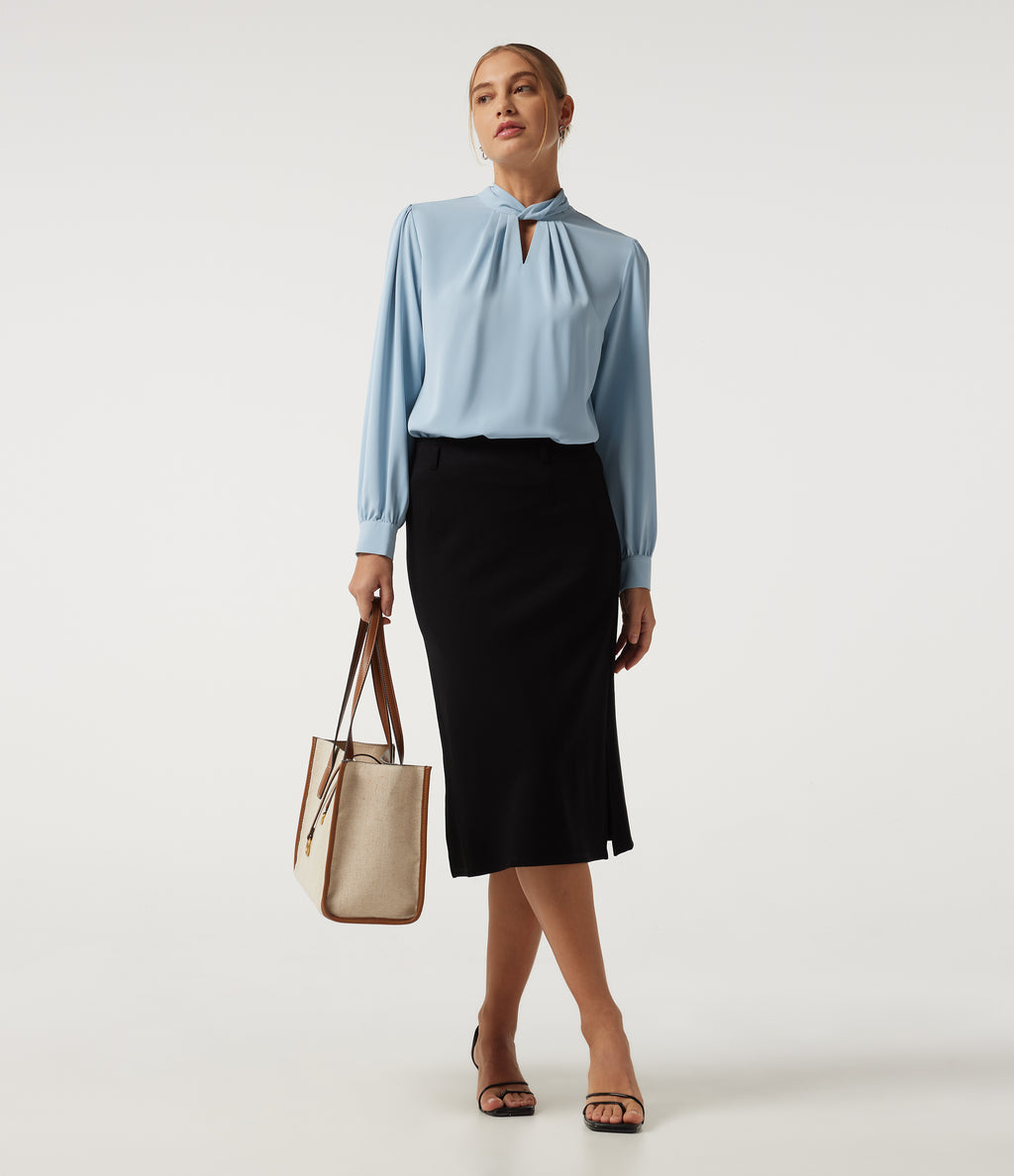 Mock Neck Tie Back Long Sleeve Work Blouse — Plein Air — view 7