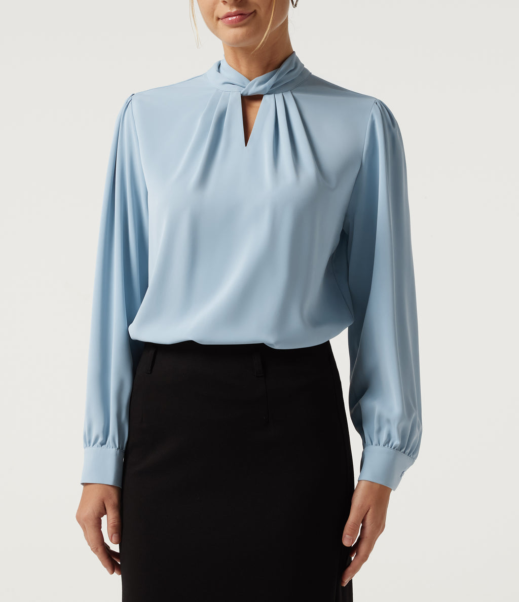 Mock Neck Tie Back Long Sleeve Work Blouse — Plein Air — view 5