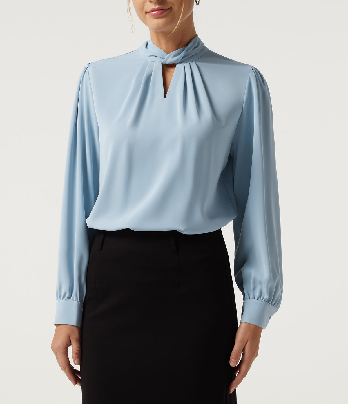 Mock Neck Tie Back Long Sleeve Work Blouse — Plein Air — view 5