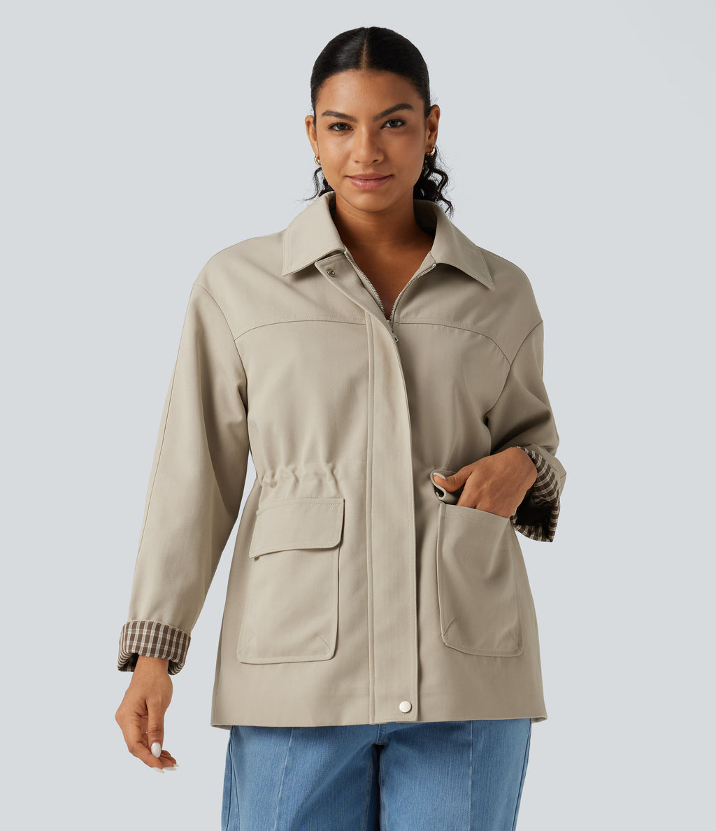Long Sleeve Adjustable Drawcord Work Jacket with Pockets — Feather Gray — view 4