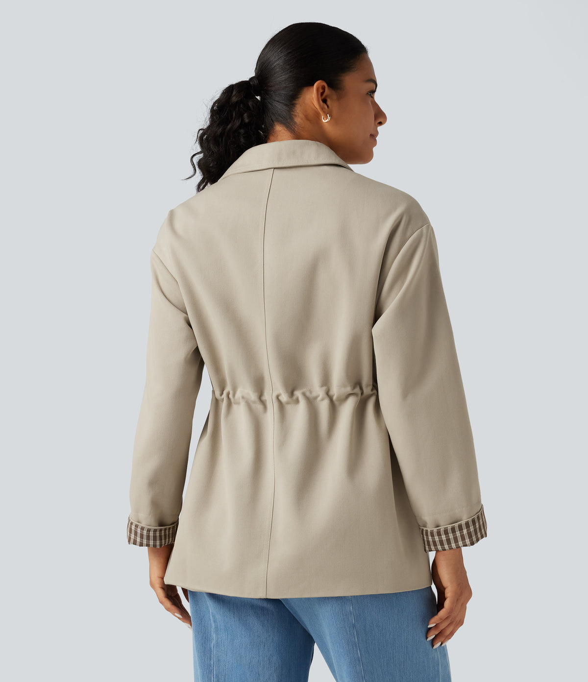 Long Sleeve Adjustable Drawcord Work Jacket with Pockets — Feather Gray — view 2