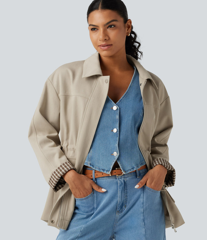 Long Sleeve Adjustable Drawcord Work Jacket with Pockets — Feather Gray — view 1