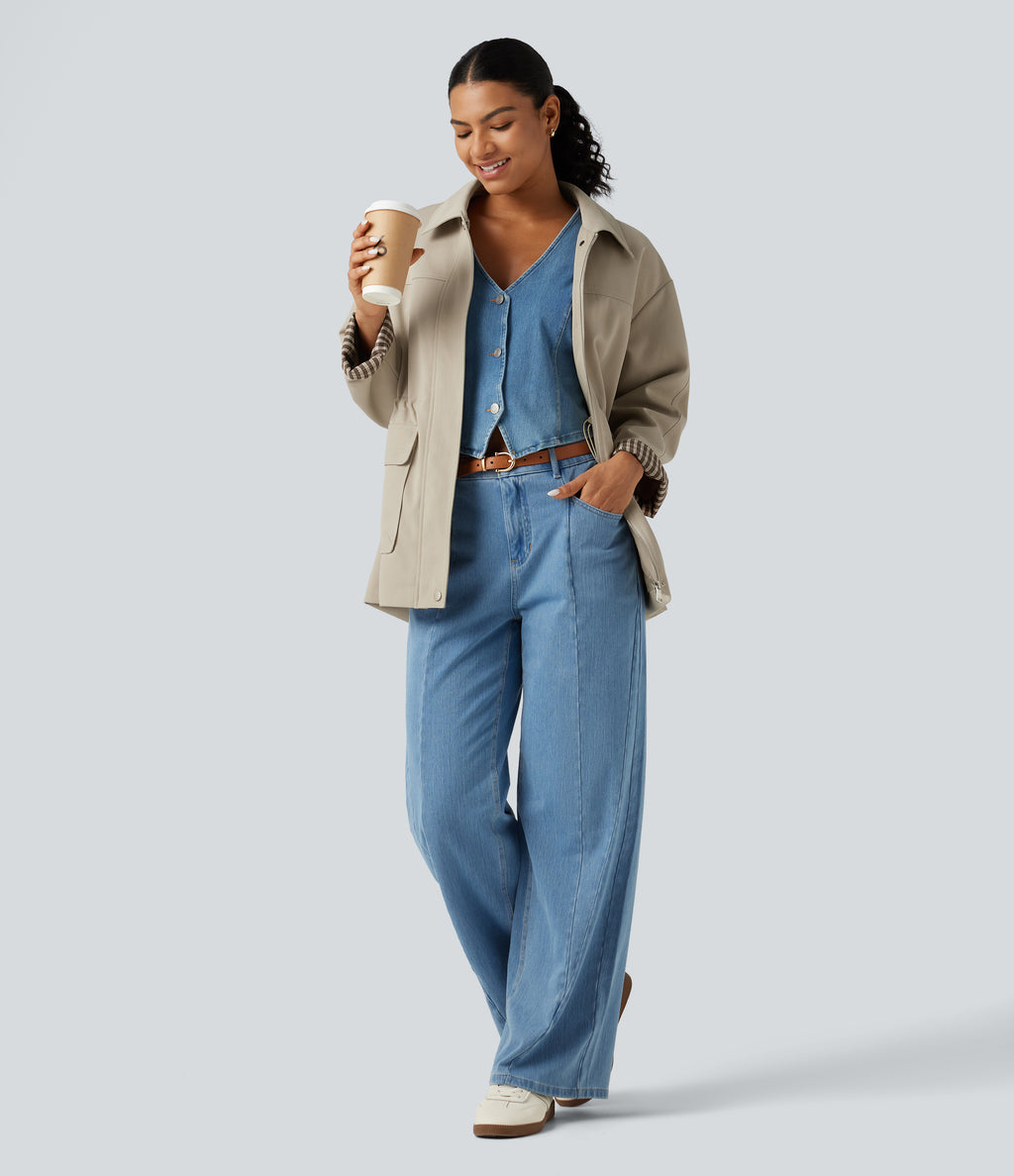 Long Sleeve Adjustable Drawcord Work Jacket with Pockets — Feather Gray — view 7