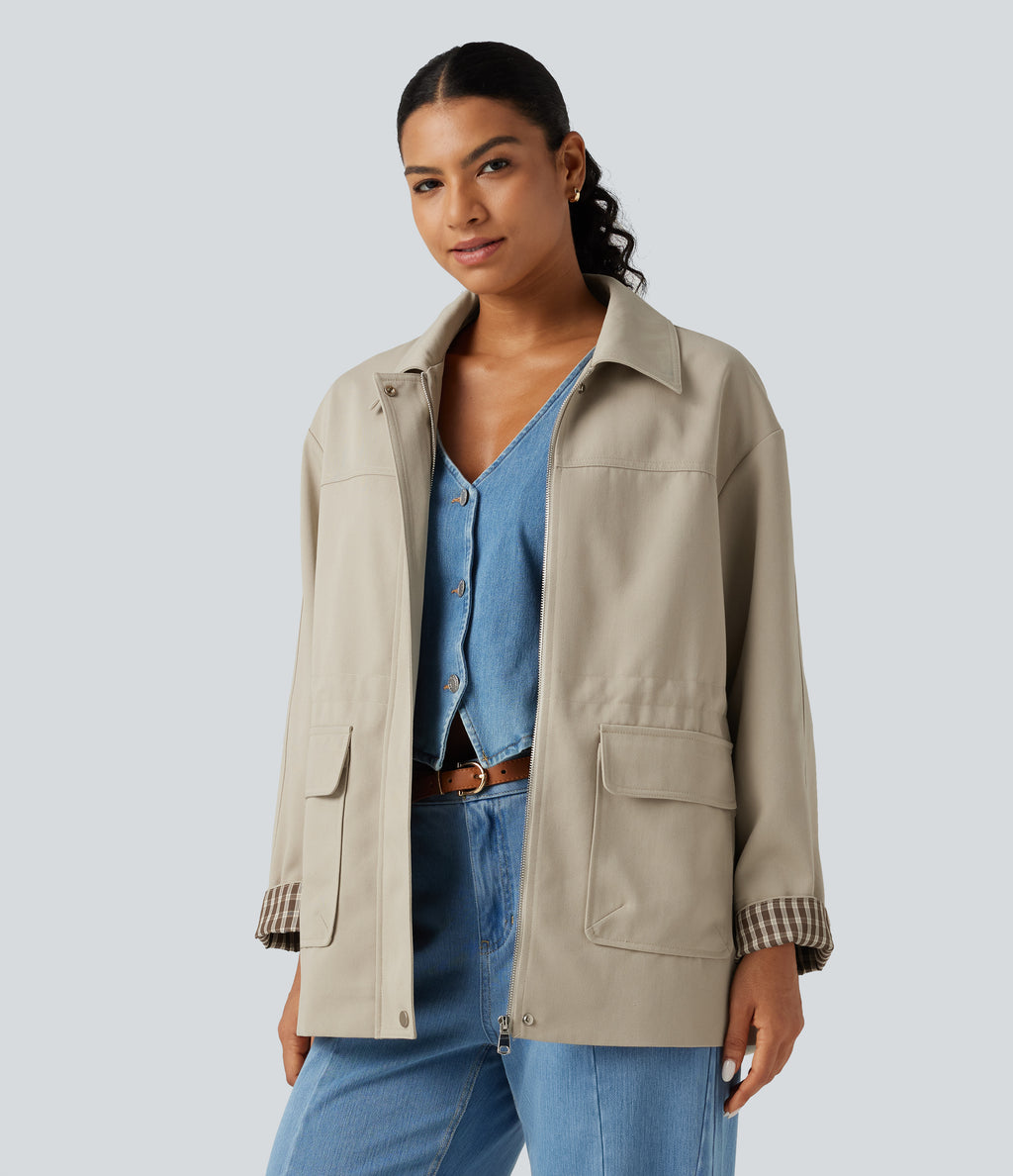 Long Sleeve Adjustable Drawcord Work Jacket with Pockets — Feather Gray — view 3