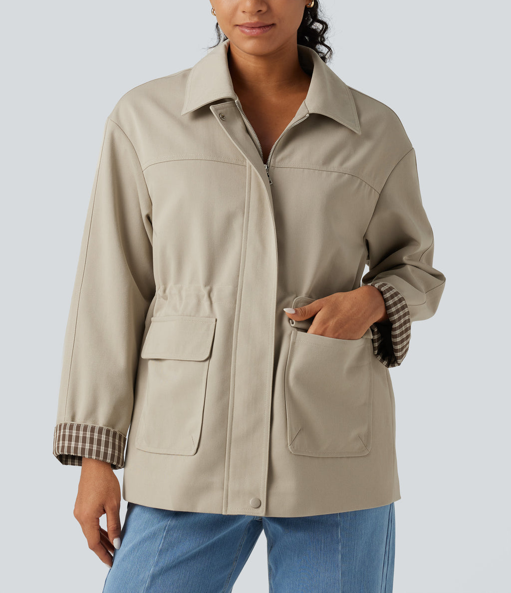 Long Sleeve Adjustable Drawcord Work Jacket with Pockets — Feather Gray — view 5