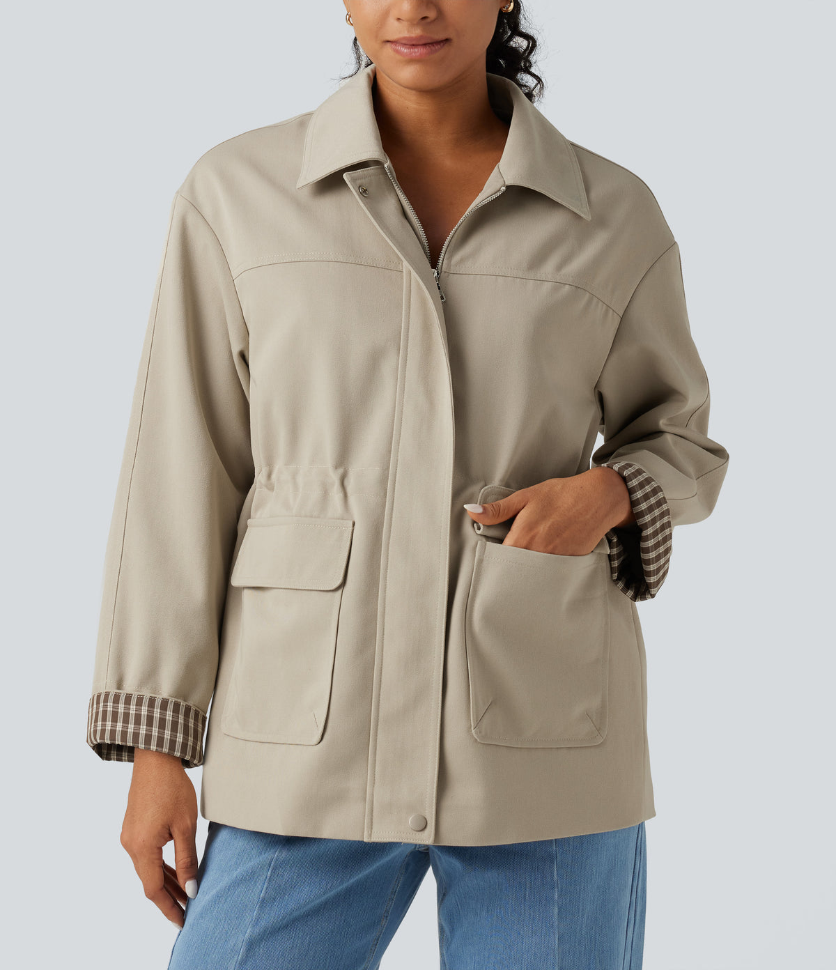 Long Sleeve Adjustable Drawcord Work Jacket with Pockets — Feather Gray — view 5
