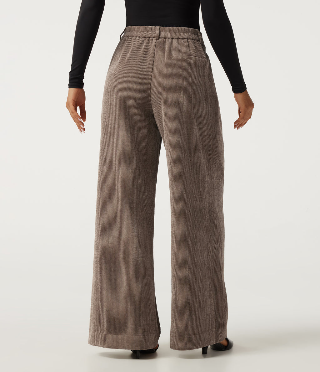 High Waisted Wide Leg Corduroy Work Trousers with Pockets — Maple Spice — view 2