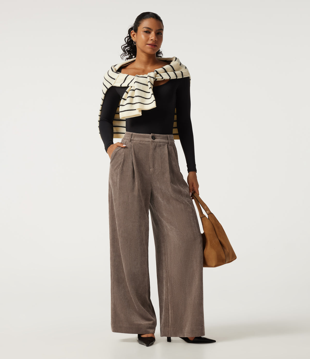 High Waisted Wide Leg Corduroy Work Trousers with Pockets — Maple Spice — view 6