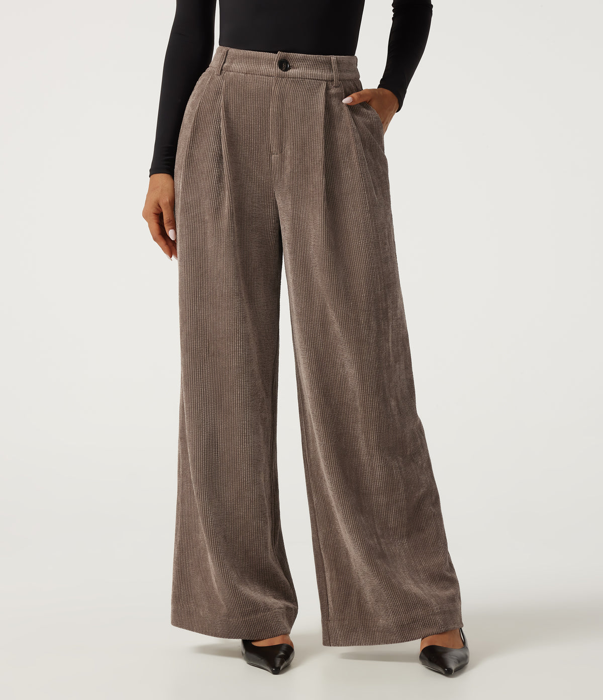High Waisted Wide Leg Corduroy Work Trousers with Pockets — Maple Spice — view 1