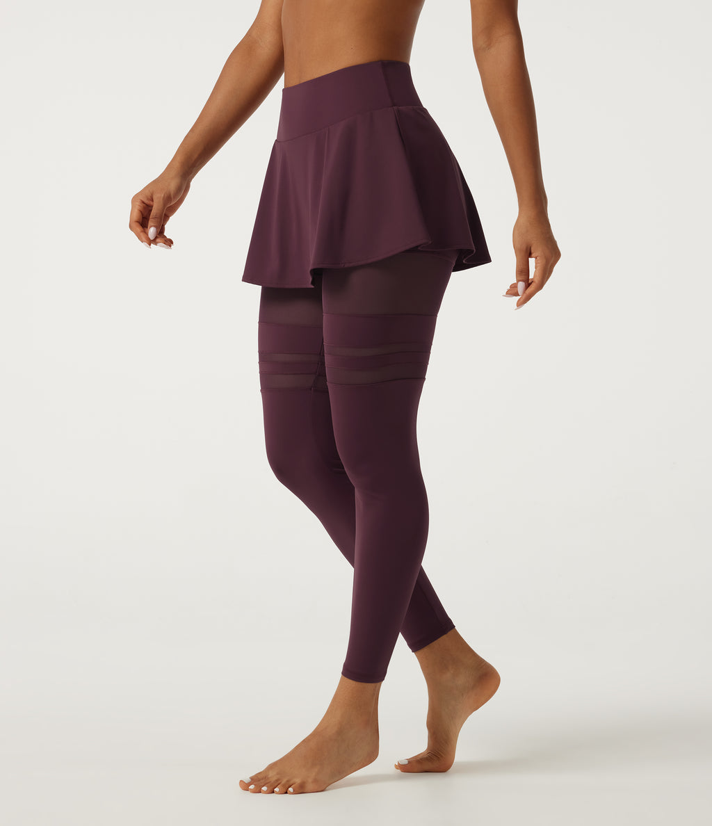 Airy Mid Rise Pleated Contrast Mesh Dance Skirted Leggings with Pockets — Berry Red — view 3