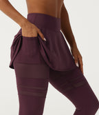 Airy Mid Rise Pleated Contrast Mesh Dance Skirted Leggings with Pockets — Berry Red — view 4