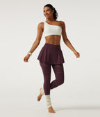 Airy Mid Rise Pleated Contrast Mesh Dance Skirted Leggings with Pockets — Berry Red — view 6