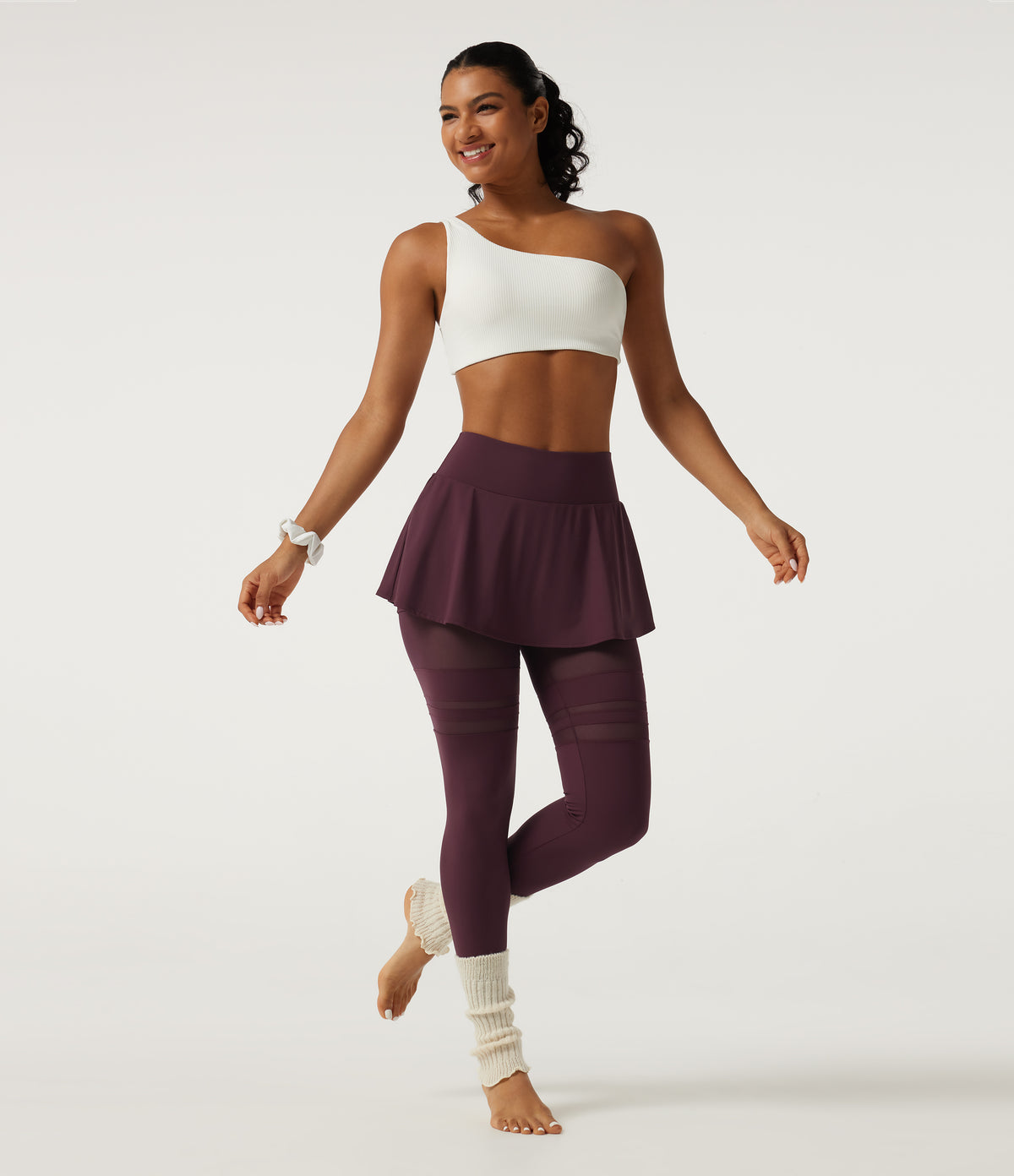 Airy Mid Rise Pleated Contrast Mesh Dance Skirted Leggings with Pockets — Berry Red — view 6