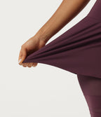 Airy Mid Rise Pleated Contrast Mesh Dance Skirted Leggings with Pockets — Berry Red — view 5