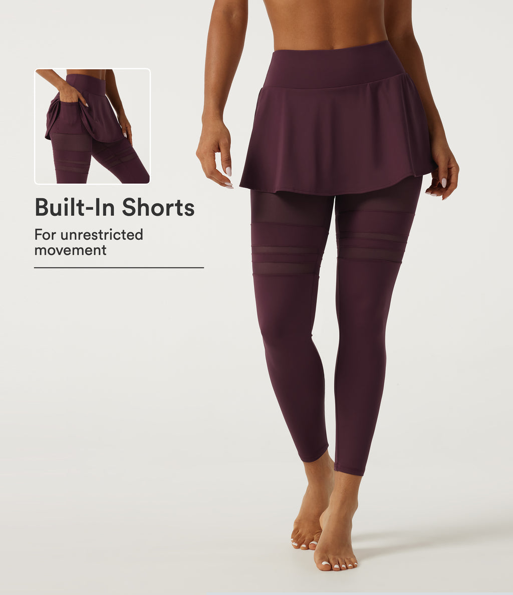 Airy Mid Rise Pleated Contrast Mesh Dance Skirted Leggings with Pockets — Berry Red — view 1