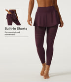 Airy Mid Rise Pleated Contrast Mesh Dance Skirted Leggings with Pockets — Berry Red — view 1