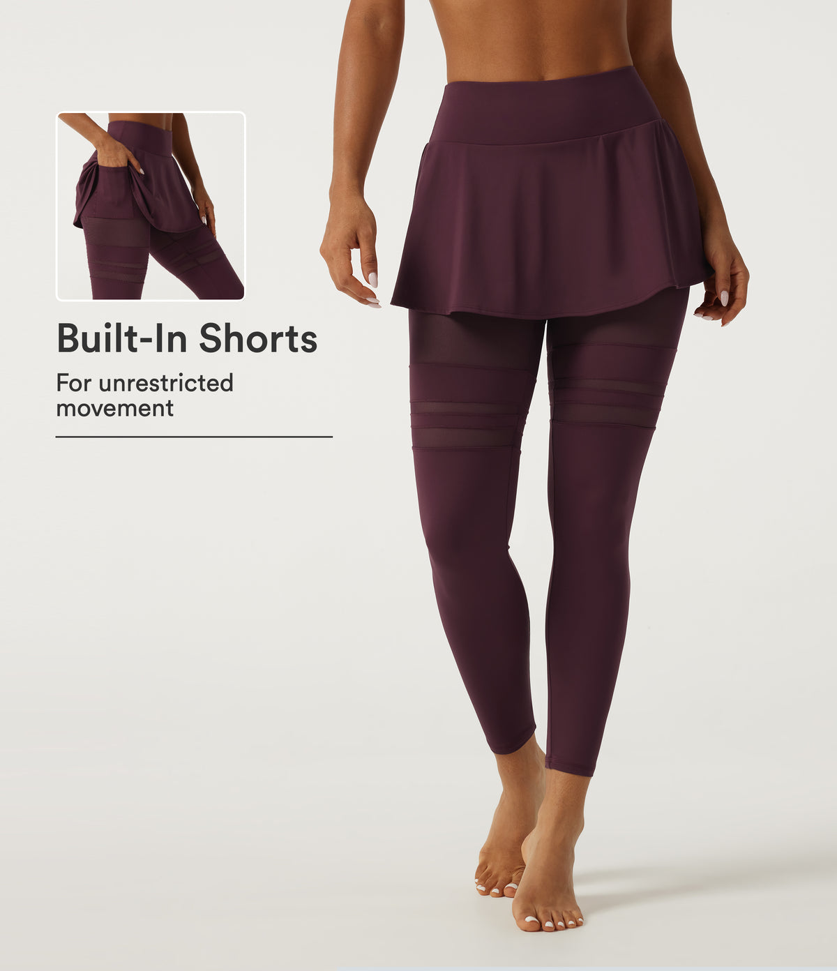 Airy Mid Rise Pleated Contrast Mesh Dance Skirted Leggings with Pockets — Berry Red — view 1