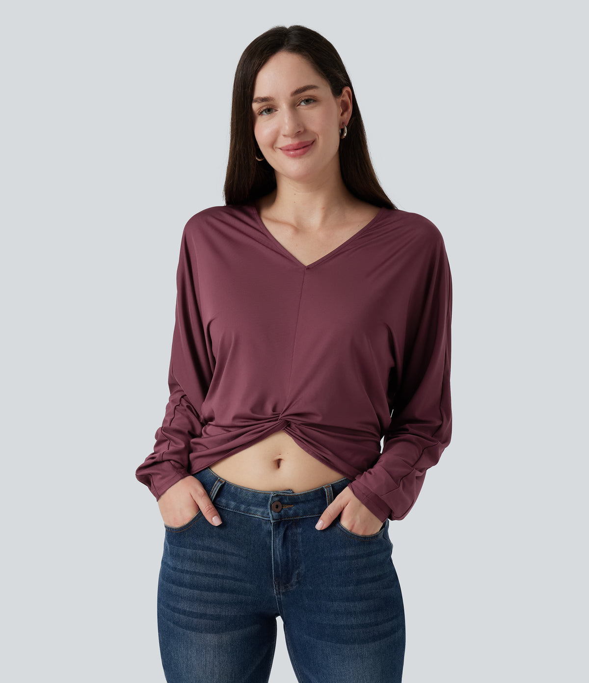 V Neck Batwing Long Sleeve Twisted Casual Top — Tawny Port — view 4