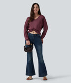 V Neck Batwing Long Sleeve Twisted Casual Top — Tawny Port — view 7