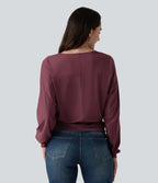 V Neck Batwing Long Sleeve Twisted Casual Top — Tawny Port — view 2