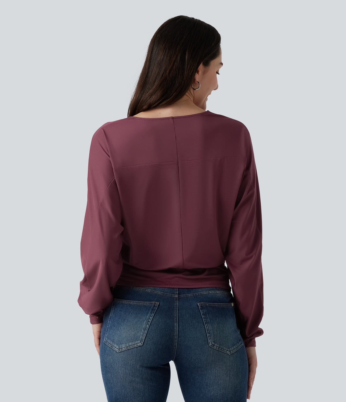 V Neck Batwing Long Sleeve Twisted Casual Top — Tawny Port — view 2