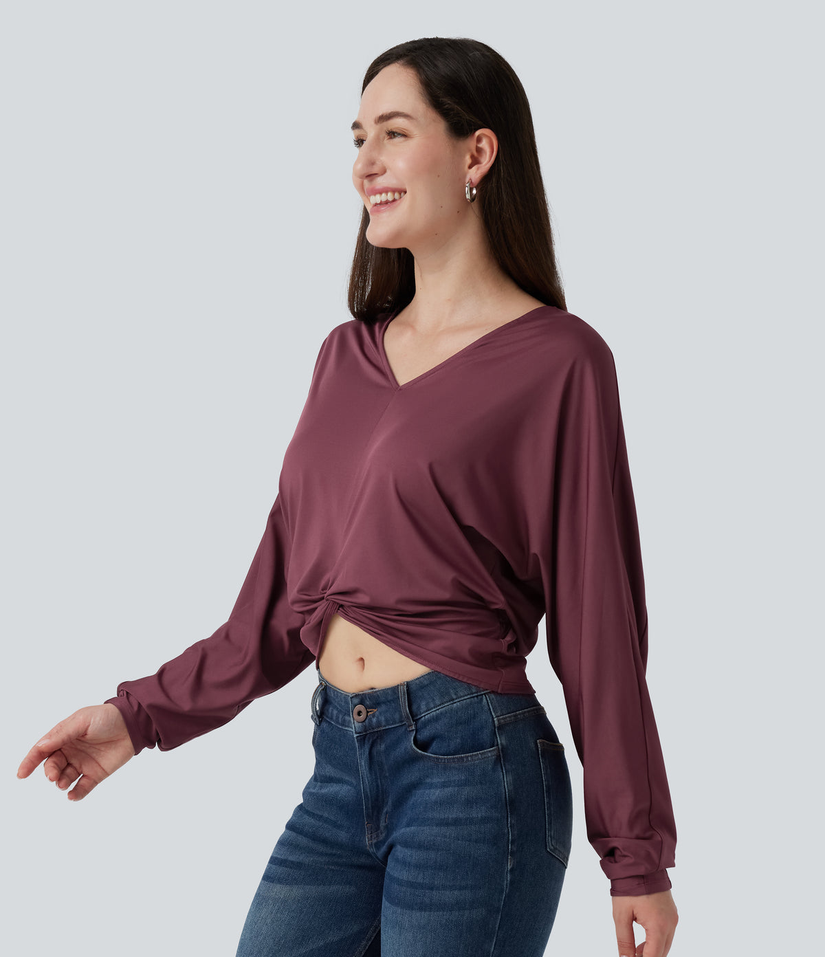 V Neck Batwing Long Sleeve Twisted Casual Top — Tawny Port — view 3