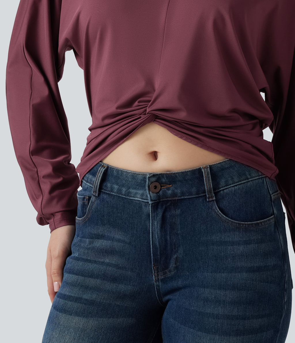 V Neck Batwing Long Sleeve Twisted Casual Top — Tawny Port — view 5