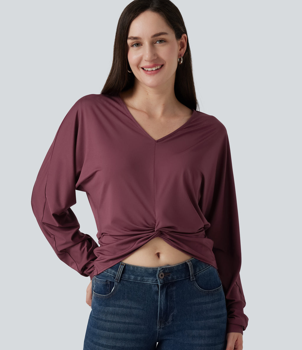 V Neck Batwing Long Sleeve Twisted Casual Top — Tawny Port — view 1