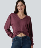 V Neck Batwing Long Sleeve Twisted Casual Top — Tawny Port — view 1